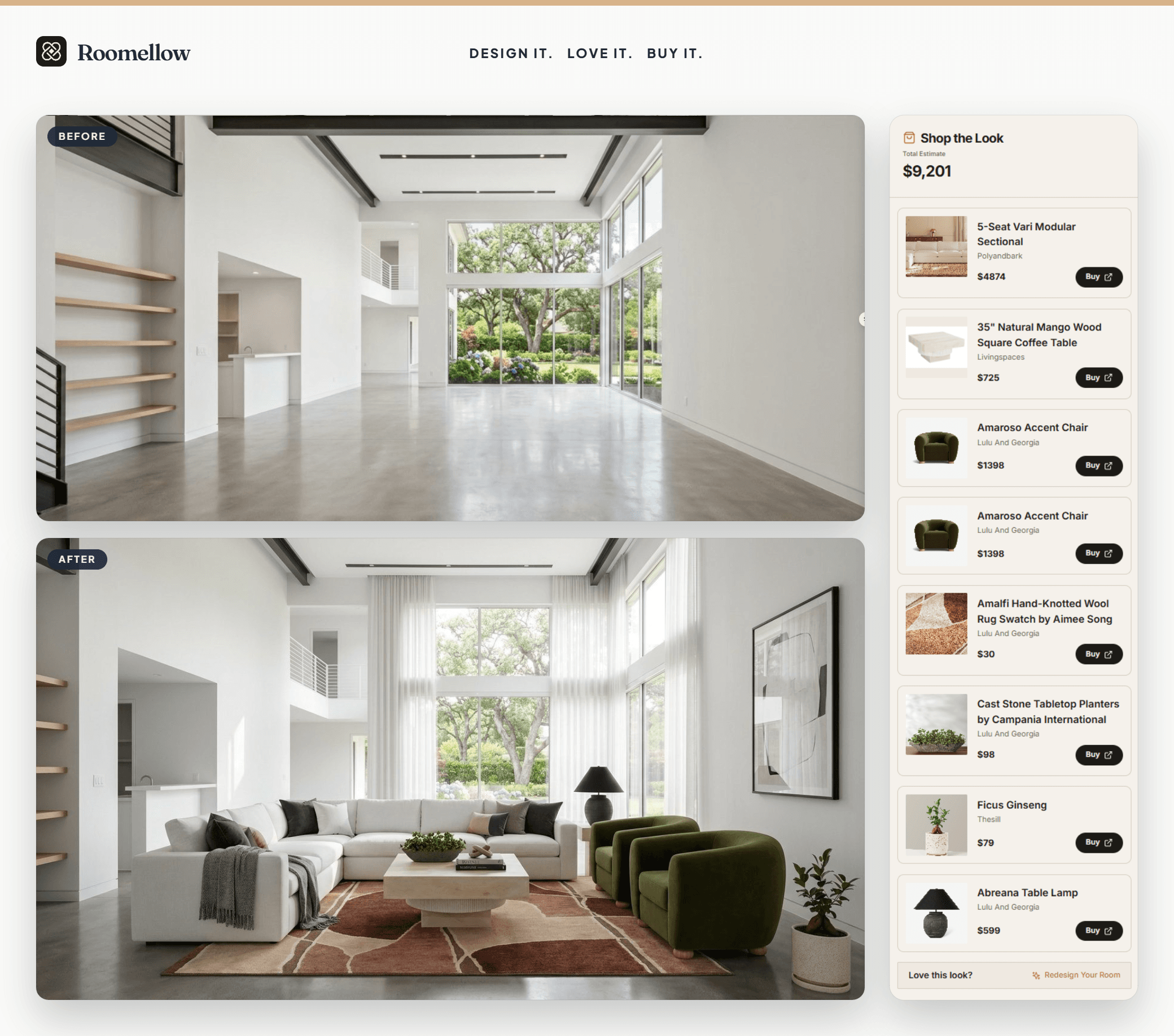 A room redesigned in Roomellow — before and after, with every product shoppable in the Shop the Look panel
