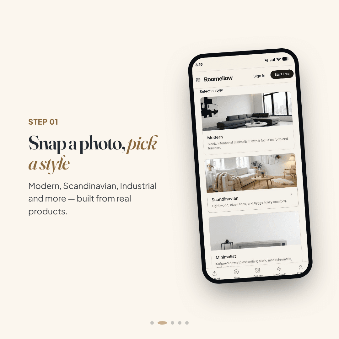 Snap a photo and pick a style in the Roomellow app