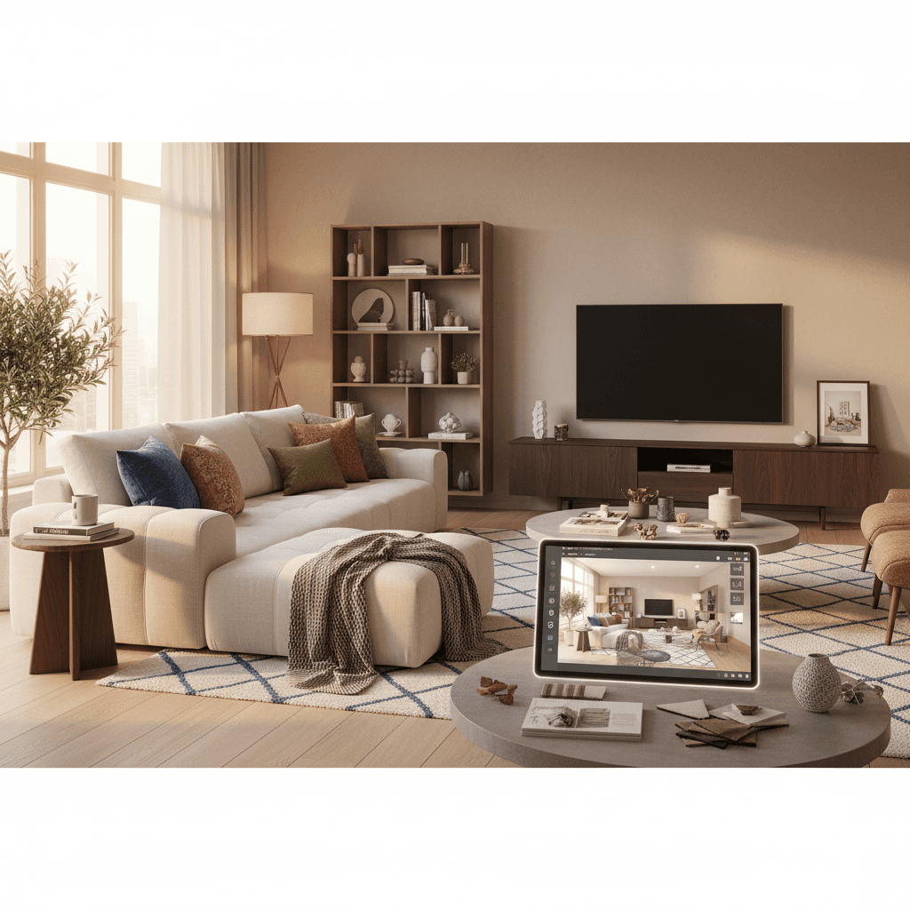 AI-designed living room with real, purchasable furniture from real stores