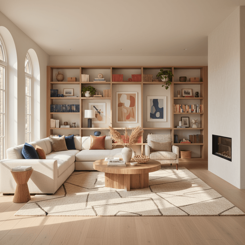 AI-designed modern living room with real, shoppable furniture — a Modsy alternative