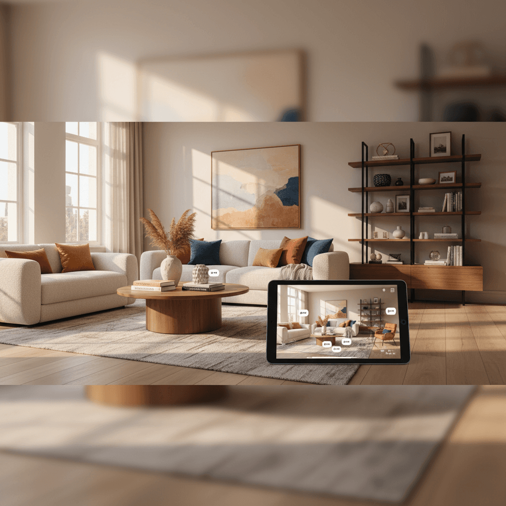 Shoppable room visualizer showing real furniture from real stores in a customer's living room
