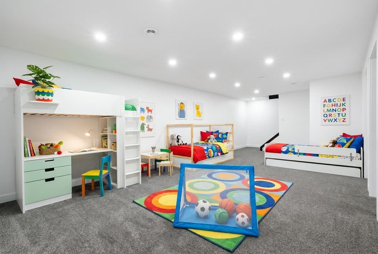 A vibrant and organized kids' room featuring a loft bed, a smaller reversible bed, a toddler bed, and colorful play items.