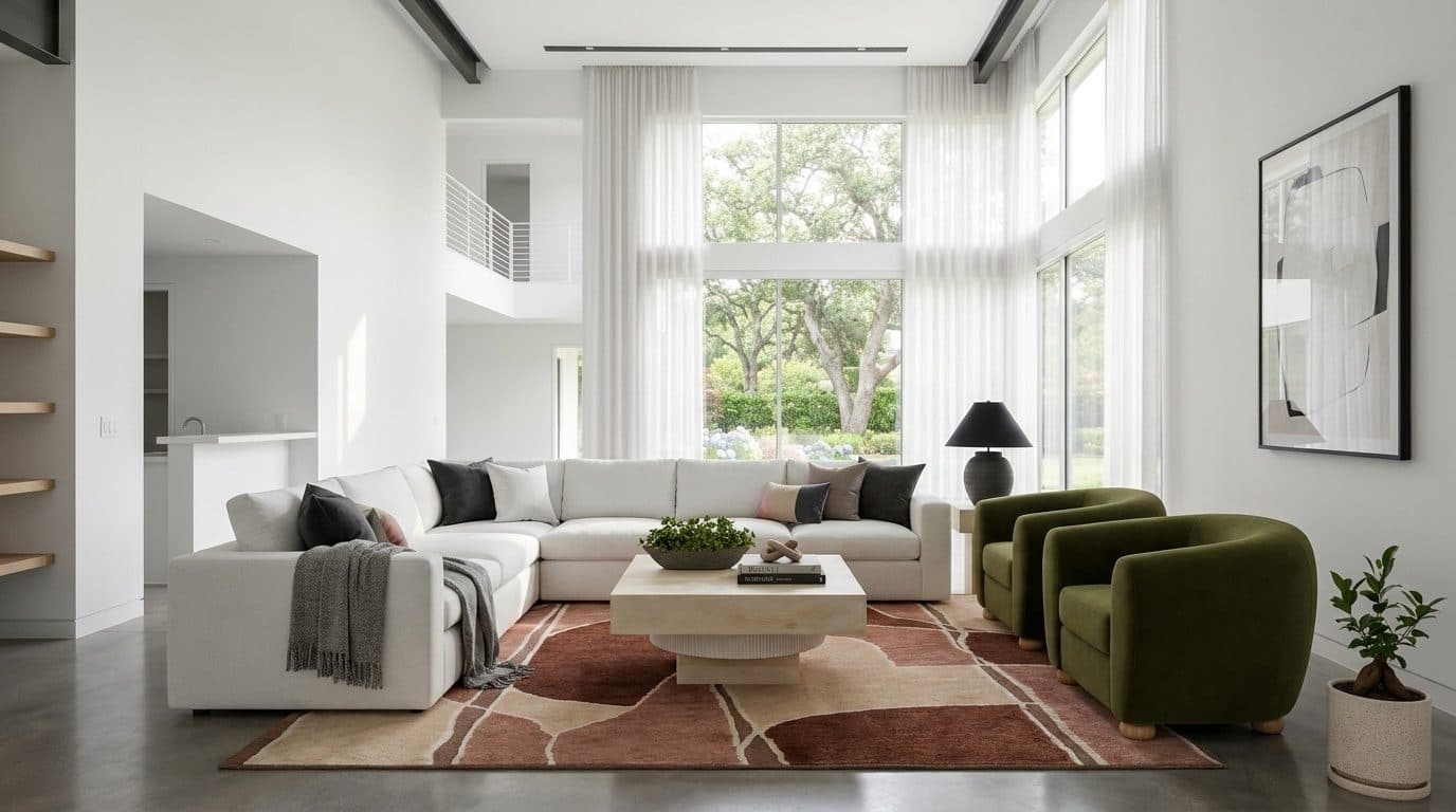 A modern living room designed with a large light grey sectional, a square mango wood coffee table, four sculptural velvet accent chairs, and a natural fiber rug, all accented with plants and a lamp.