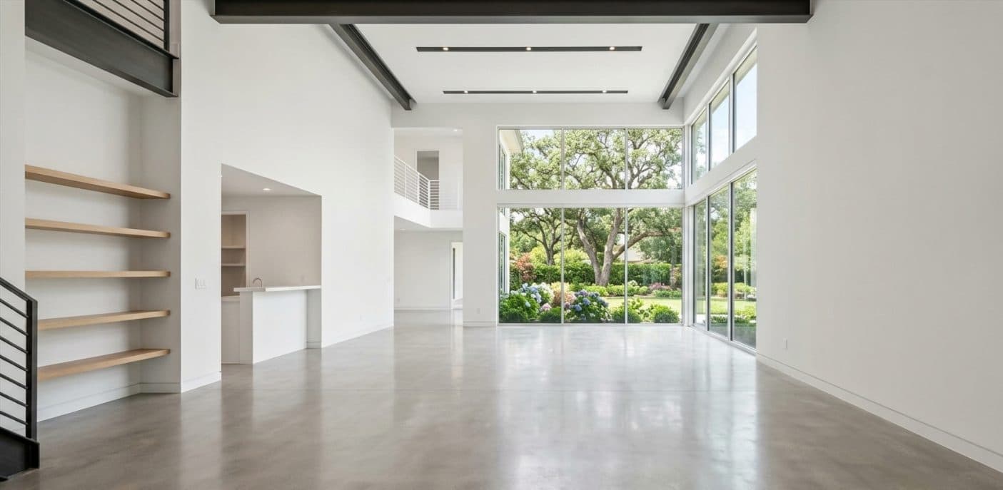 A wide, empty living room with light walls and large windows, showing potential but no furniture.