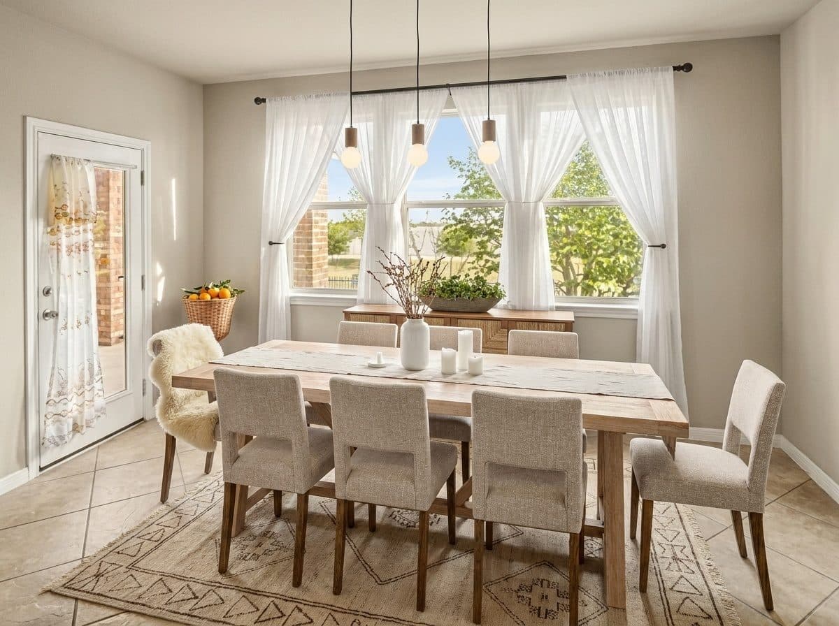 A bright, airy Scandinavian dining room featuring a light wood rectangular dining table, eight modern wood-and-fabric dining chairs, a large textured rug, and a sleek sideboard. Natural light fills the room, and a simple curtain rod adorns the window.