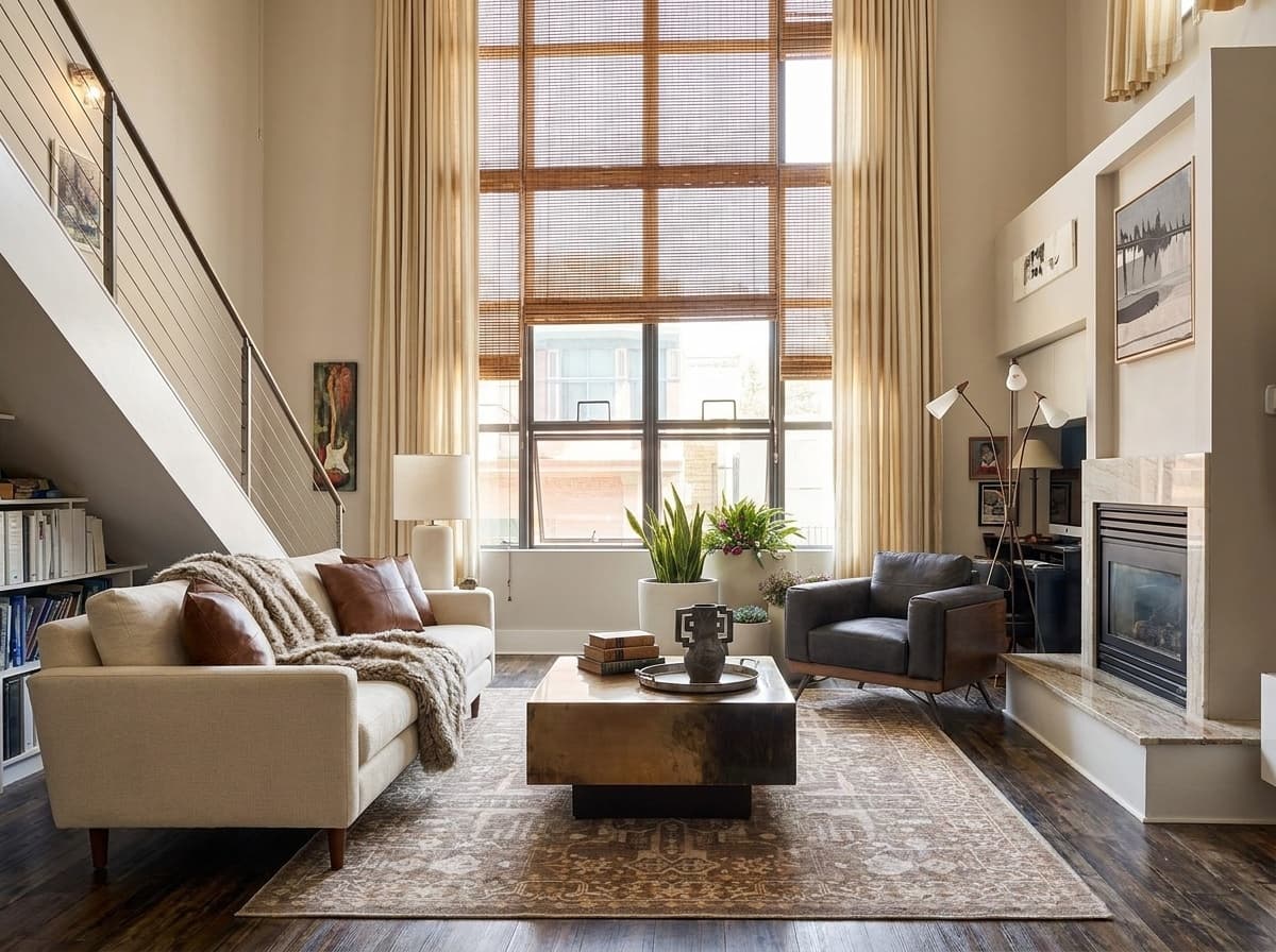 Industrial Minimalist Living Room: Cream Sofa & Copper Table - Roomellow