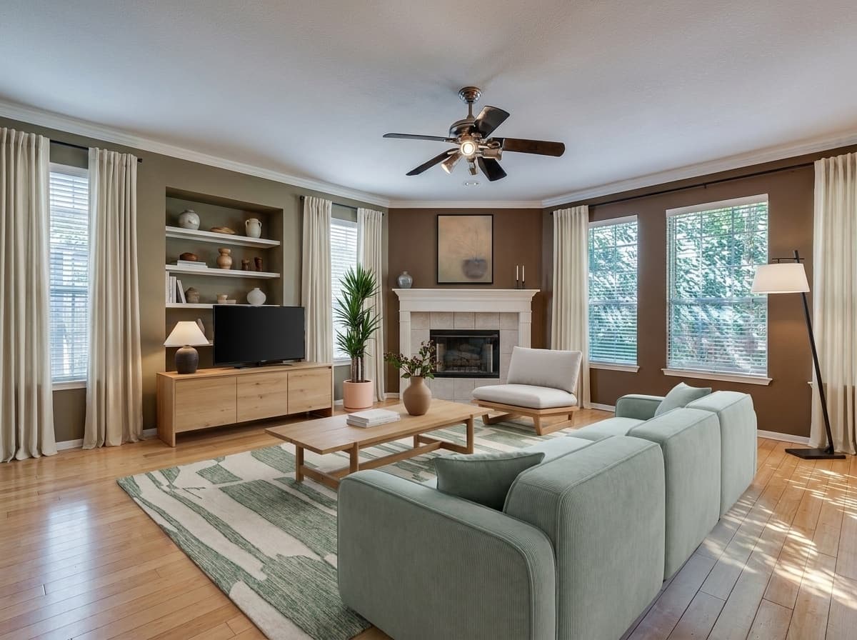A bright and airy Japandi living room featuring a light green corduroy modular sofa, a low rectangular oak coffee table, a green-and-ivory patterned wool rug, and an elegant oak-framed lounge chair. Natural light streams in through large windows with floor-length ivory curtains.