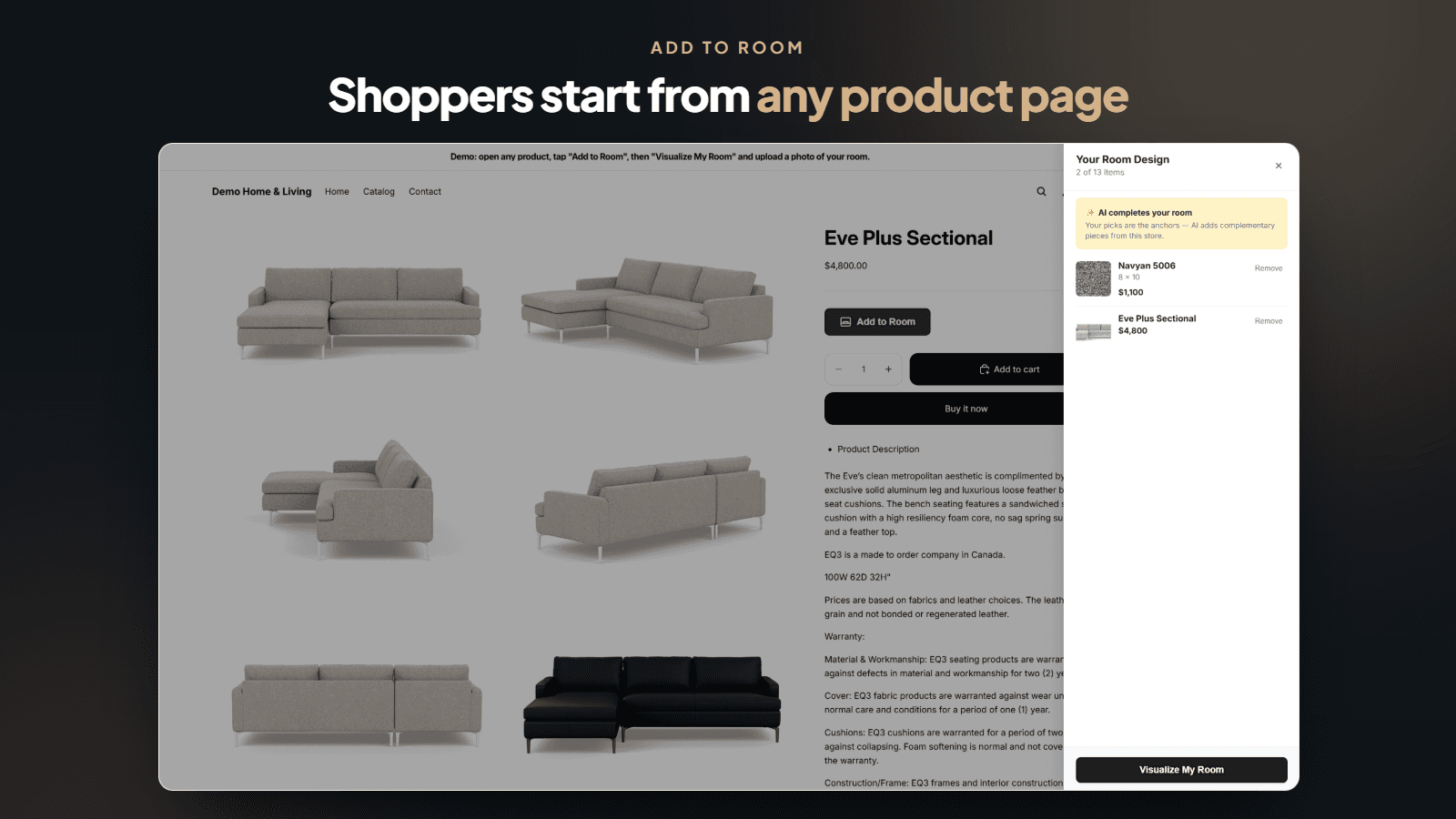 A furniture product page with an Add to Room button next to Add to cart, and a Your Room Design drawer listing the selected products