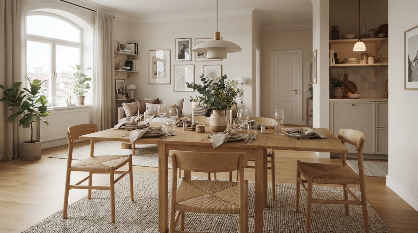 An oak extendable dining table with its leaf in, set for six in a small open-plan room with woven-seat chairs
