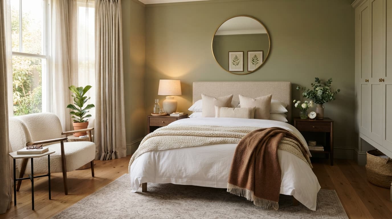 A calm guest bedroom with sage green walls, a queen bed layered in white and cream bedding, a bedside lamp and water carafe, an accent chair by the window and a large area rug