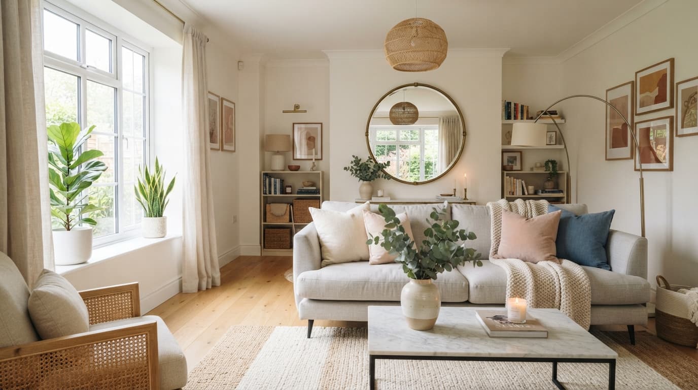 Bright living room with sheer curtains, a round mirror facing the window, a light gray sofa and a pale jute rug