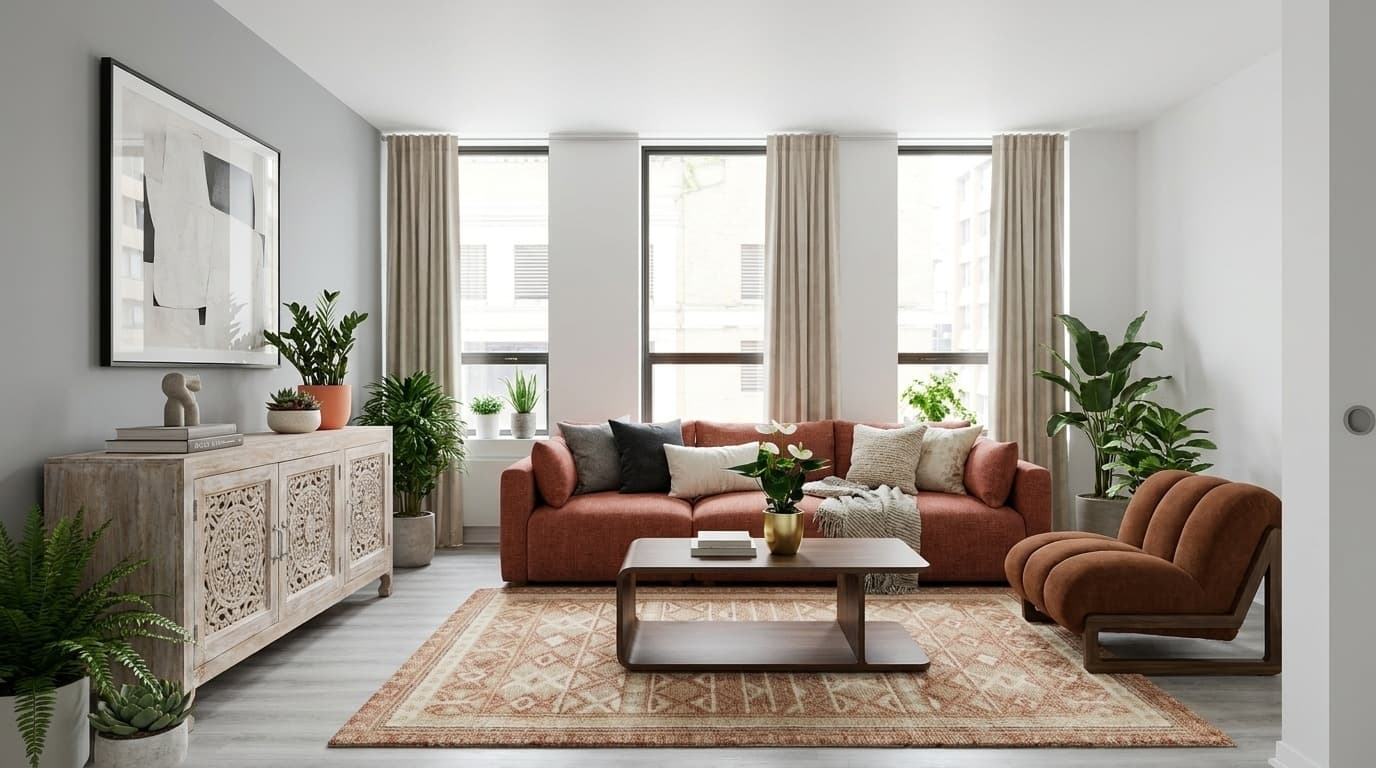 Sedona Red Velvet & Wood: A Contemporary Living Room Makeover - Roomellow