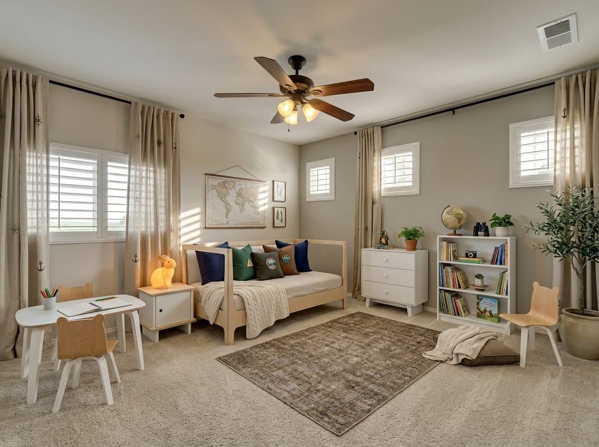 An adventure-themed kids room after redesign — an Oeuf loft bed with a play table and bear play chairs tucked beneath, a mini library and dresser alongside, in natural birch and white.