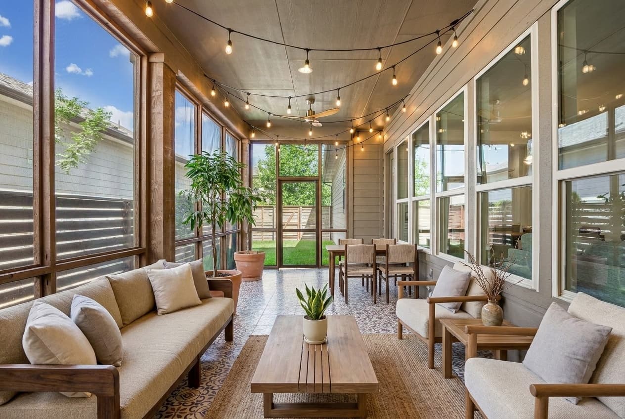 A beautifully designed Japandi outdoor patio featuring a lounge area with a large cream outdoor sofa, two boucle lounge chairs, and a eucalyptus wood coffee table. Adjacent is a dining area with a round dining table and four wooden dining chairs. Various potted plants are strategically placed, including a tall tree and smaller snake plants, creating a serene and inviting atmosphere.