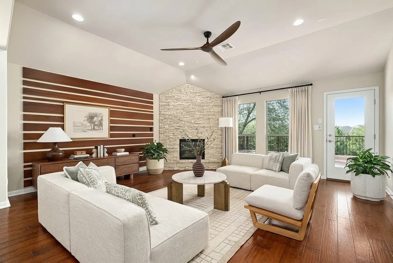 After: a cream modular sectional split into two facing pieces, a round coffee table on antique-brass legs, a wood console under a framed landscape drawing, linen-colored curtains and potted plants