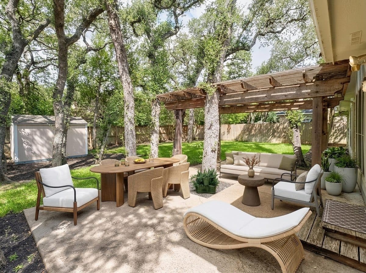 Backyard patio after: oval wood dining table, cream outdoor sofa under a wood pergola, woven chaise and white planters beneath live oak trees