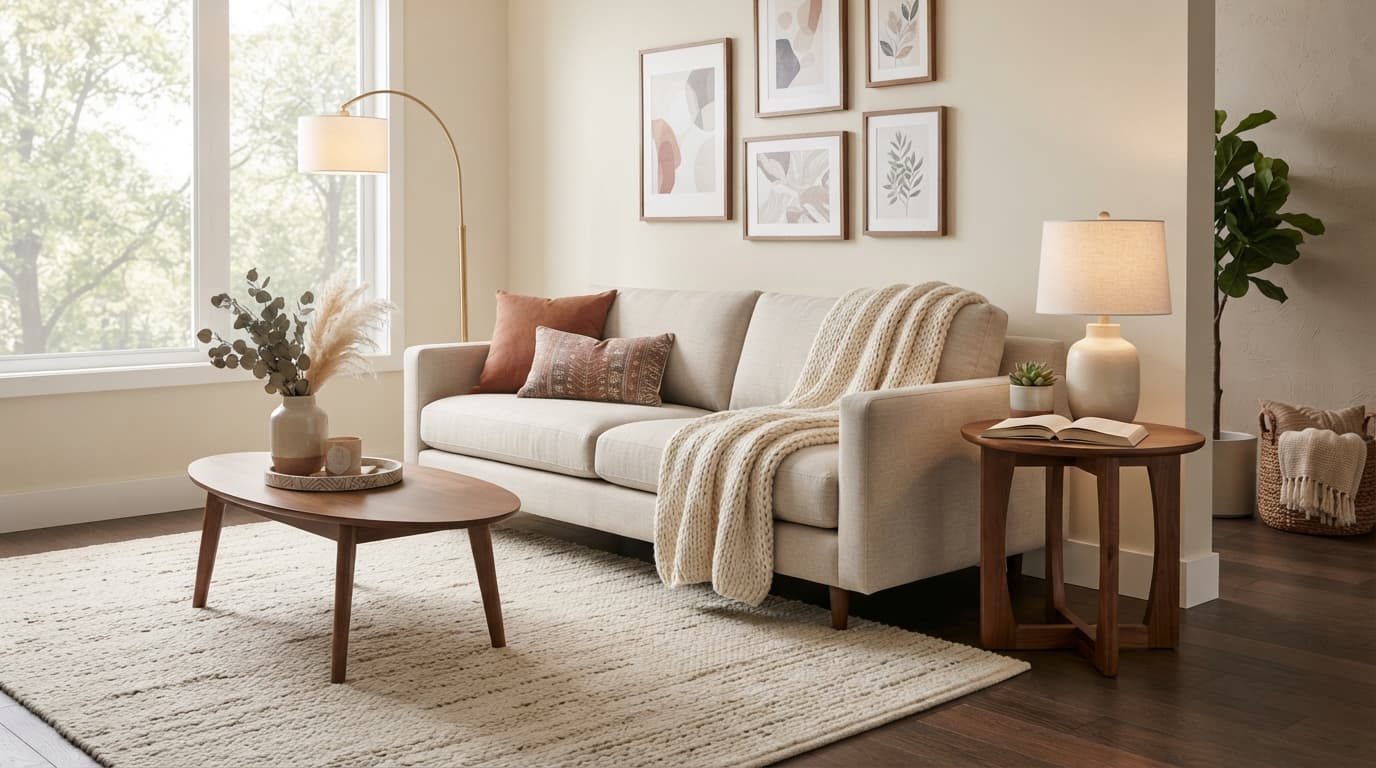 Styled living room vignette with a sofa, rug, floor lamp and side table, lit like a furniture showroom